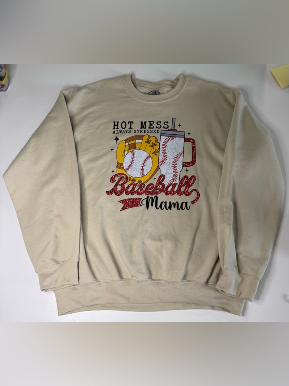 Gildan Cream "Baseball Mama" Graphic Sweatshirt with Red and Yellow Accents